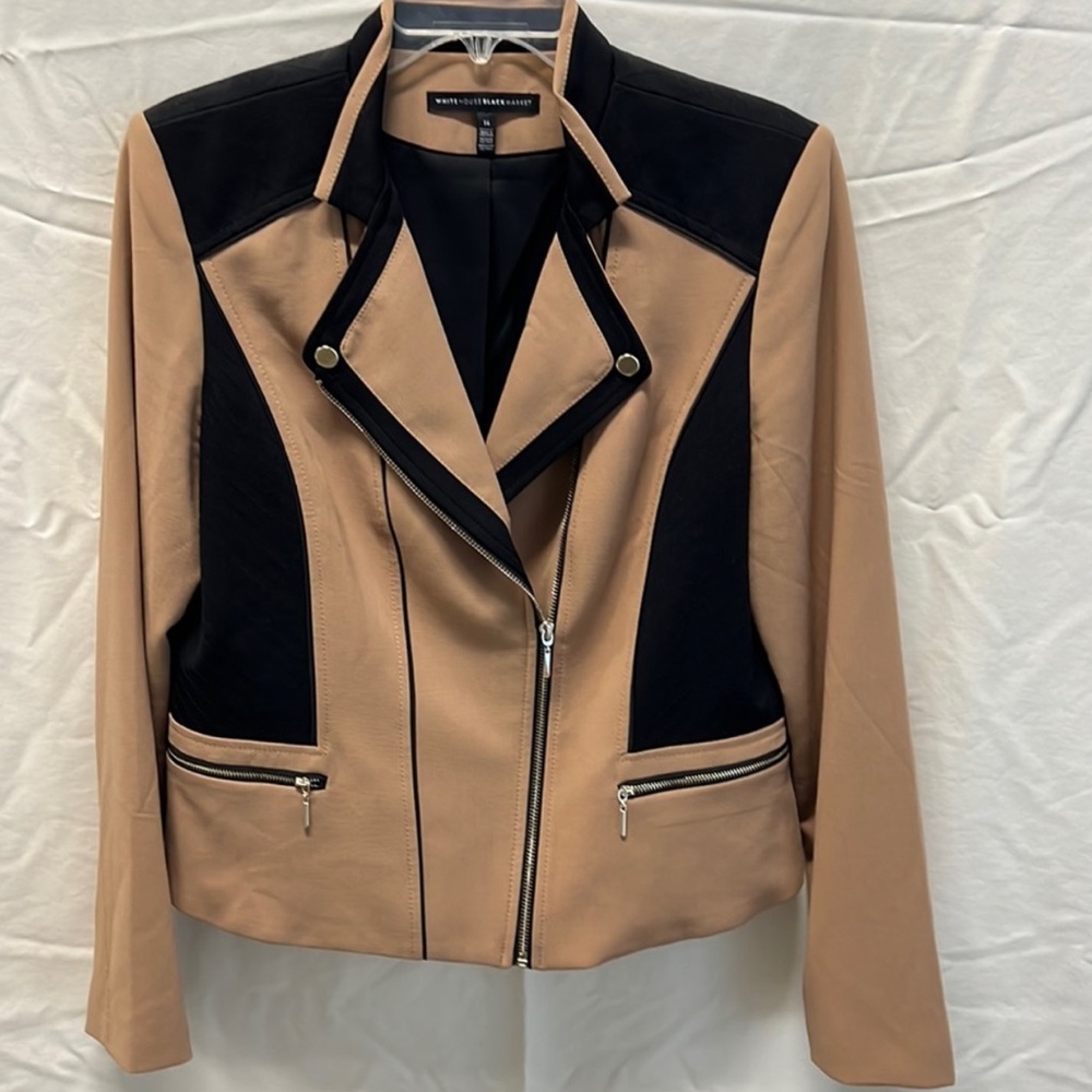 WHBM Blazer Jacket, Moto Asymmetrical Zippers, Tan Black, EUC, Sz 10 - Picture 6 of 9
